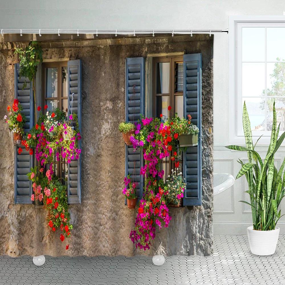 Spring Rural Landscape Shower Curtains Set Pink Flowers Tree Forest Natural Floral Green Plant Scenery With Hooks Bathroom Decor