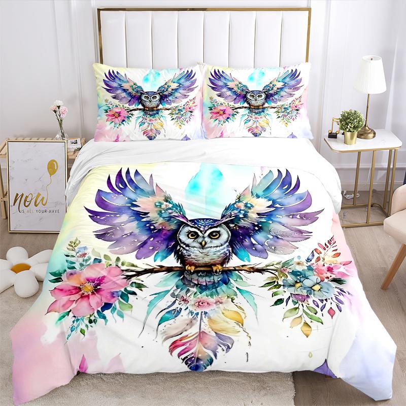 3pcs Colorful Owl with Flowers Watercolor Print, Includes One Quilt Cover and Two Pillowcases (No Core), Home Decor, Gift, Anime Cartoon