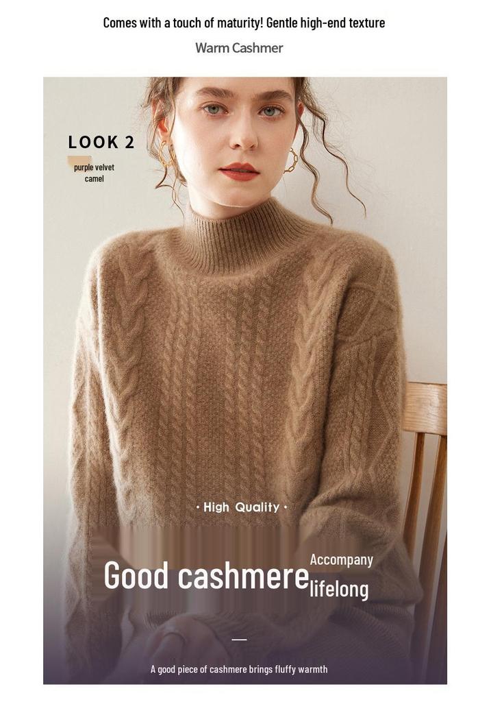 Women's 2025 Cashmere Cable Knit Pullover: Heavyweight, Half-High Collar, Loose, Slimming Sweater.