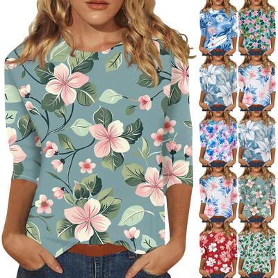 Women's Floral Print Round Neck Top With Three Quarter Sleeves T-Shirt Three Quarter Sleeves T-Shirt