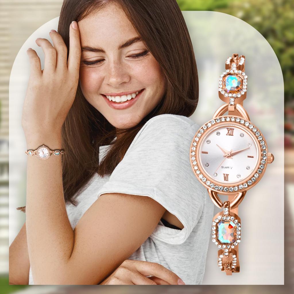 Bracelet Watch with Diamonds and Colored Roman Sunrise Analog Quartz Round Stylish Accessory Day Gift Women's Stones Small, Waterproof, Numerals,
