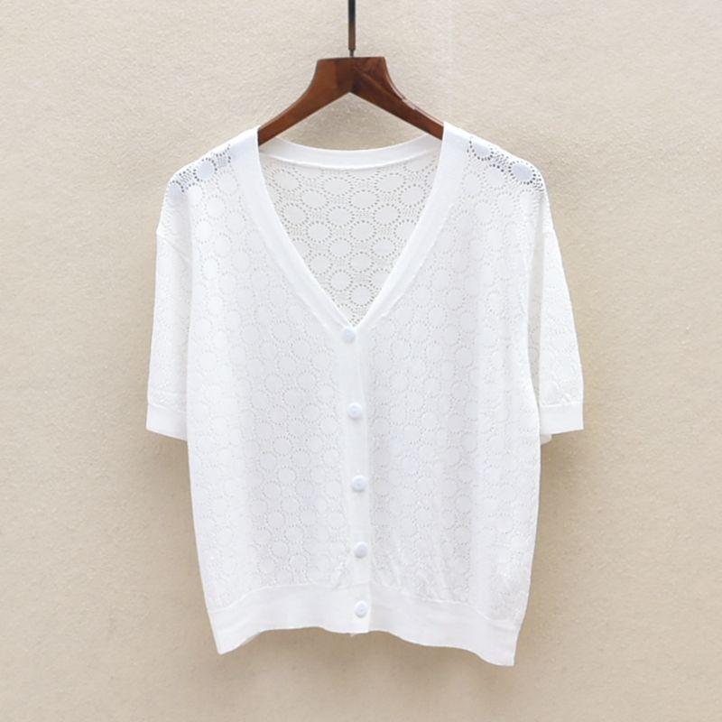 

Summer Thin Plus Size Women s Clothing Cardigan V-neck Hollow Knitting Cardigan Pure Color Tops White Bust size 98-100cm