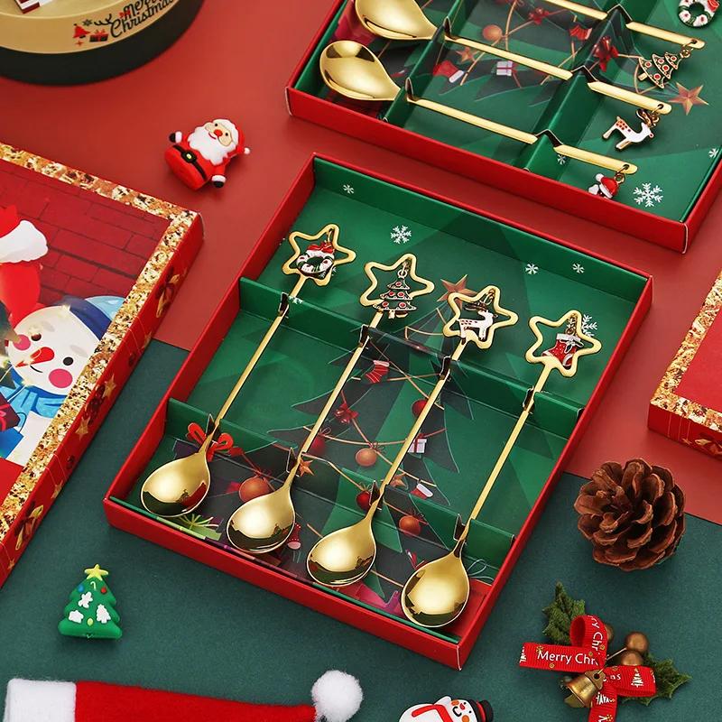 4PCS Christmas Stainless Steel Spoon Christmas Coffee Spoons Set Gold Home Restaurant Dessert Cutlery Set