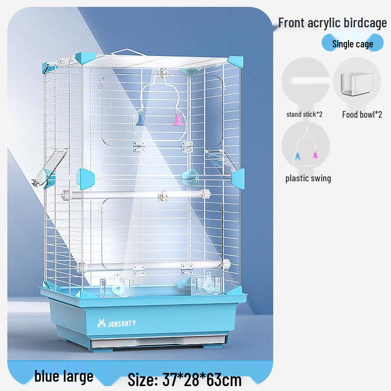 Großer Acryl-Vogelkäfig für Papageien, Nymphensittiche & Wellensittiche - Transparente Vorderseite mit Metallrahmen