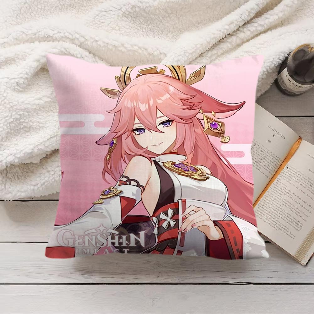 Yae Miko Genshin Impact Cushion Cover Silky Short Plush Invisible Zipper Dustproof Sofa Pillow Case For Home Decor