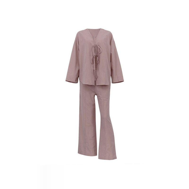 European and American Women clothes 2025 New Cotton Cardigan Lace-up Long sleeve Trousers Home Wear Loose Casual Two-piece Set Suit