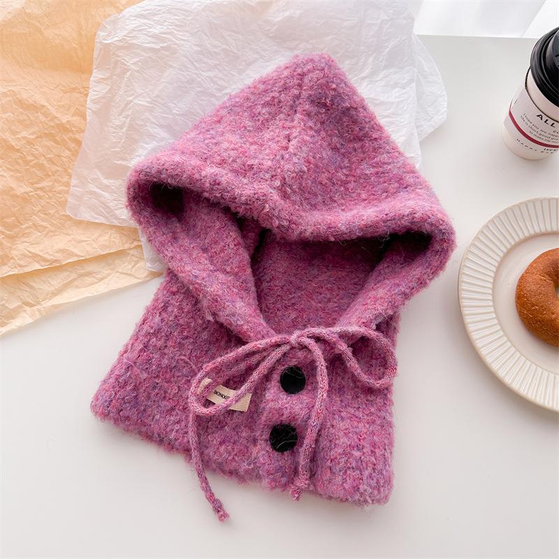 Drawstring button solid color versatile balaclava wool knitted hat winter warm and protective ear hat