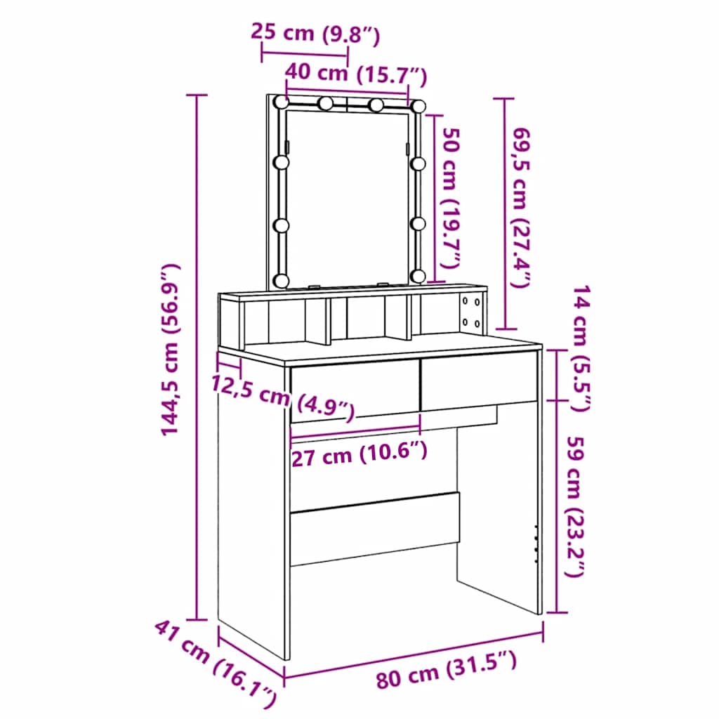 Makeup Table with LED Lighting Concrete Grey 80 x 41 x 144.5 cm