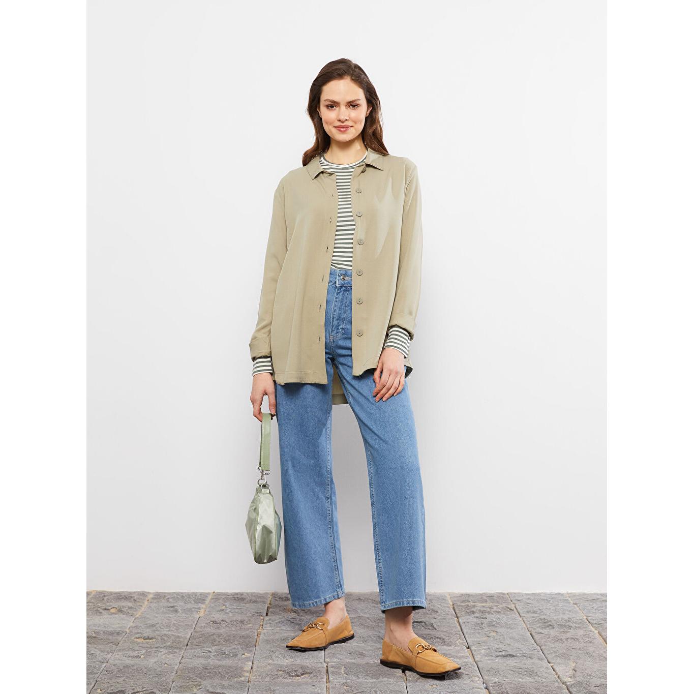 

Женская туника свободного кроя MODEST с рубашечным воротником и длинным рукавом цвета хаки