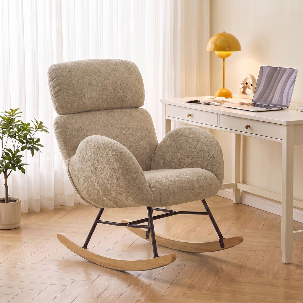 Upholstered Rocking Chair Adjustable Headrest Rocker Chair Raindrop Velvet Rubberwood Base Light Brown