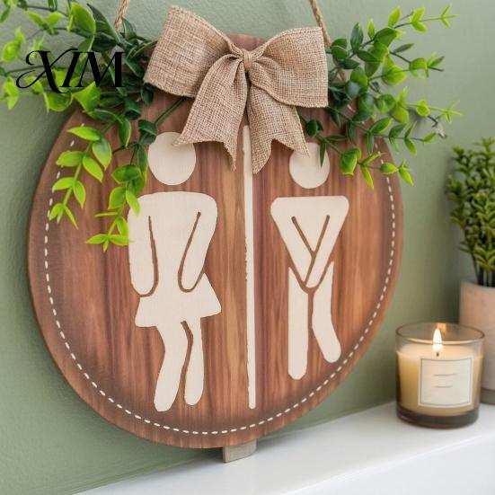 Decorative Wall Hanging for Toilet Wooden Restroom Sign, Men's And Women's Bathroom Sign Home Round Rustic Farmhouse Plaque Washroom Decor Door