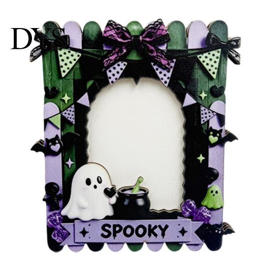 Halloween Photo Frame Wooden Frame, Cute Ghost Butterfly Cat Tabletop Decor Display Slot with Stand, Sweet Kawaii Pumpkin Picture Holder for