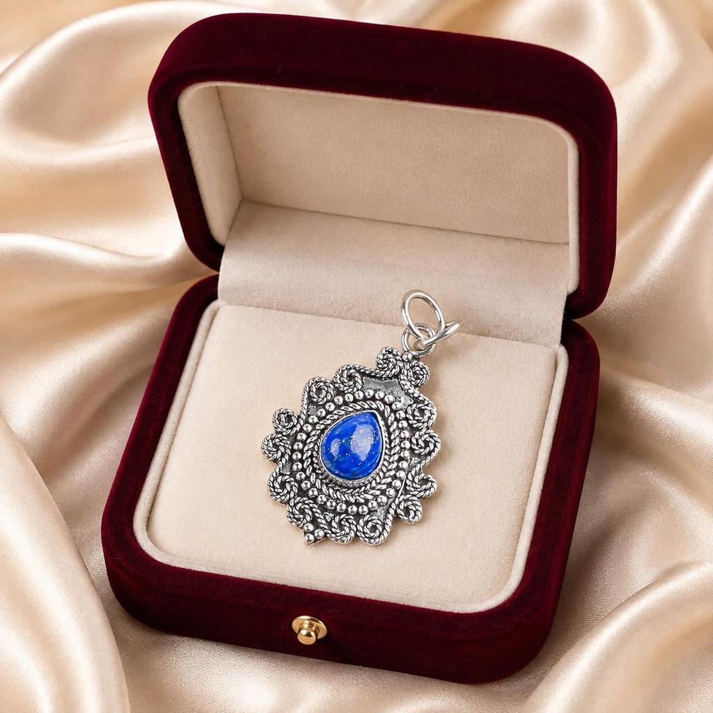 Natural Lapis Lazuli Gemstone 925 Sterling Silver Bohemian Handmade Pendant 1.55" Necklace For Women PP-25-23