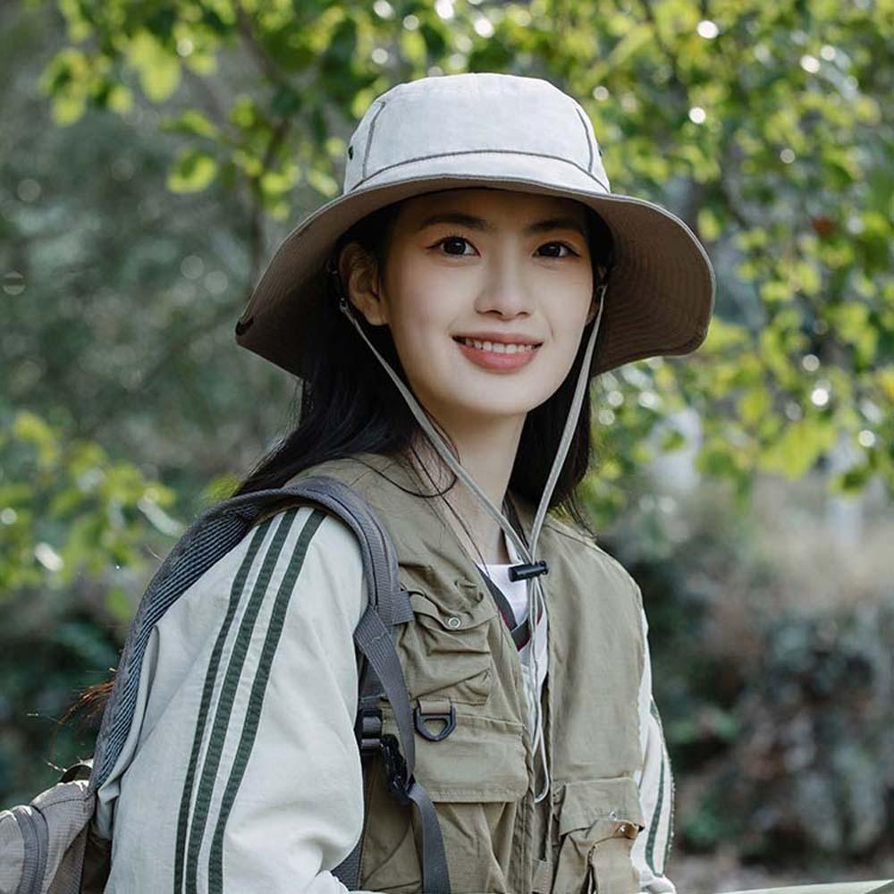 

UPF50+ Sunshade Fisherman Hat Windproof Rope Foldable Bucket Cap Women Hiking Cap Spring сірий