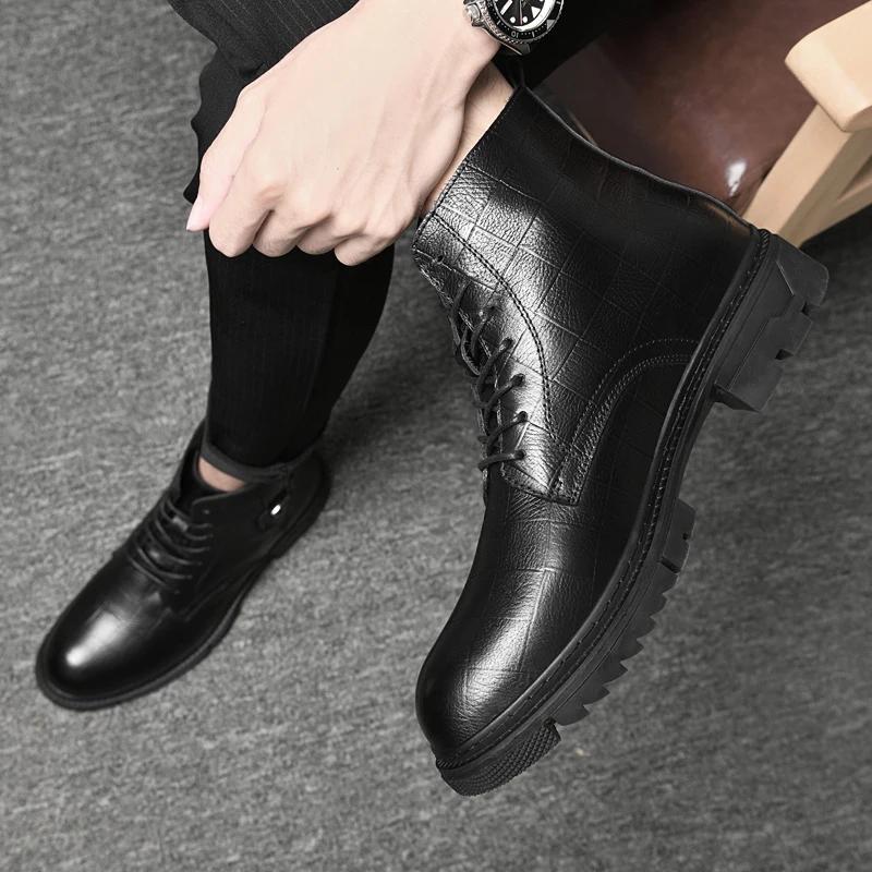 Boots for Mens Fashion Leather Shoes Luxury Brand Ankle Genuine Leather Business Boots Lace-Up Male Thick Soled Shoes High-end