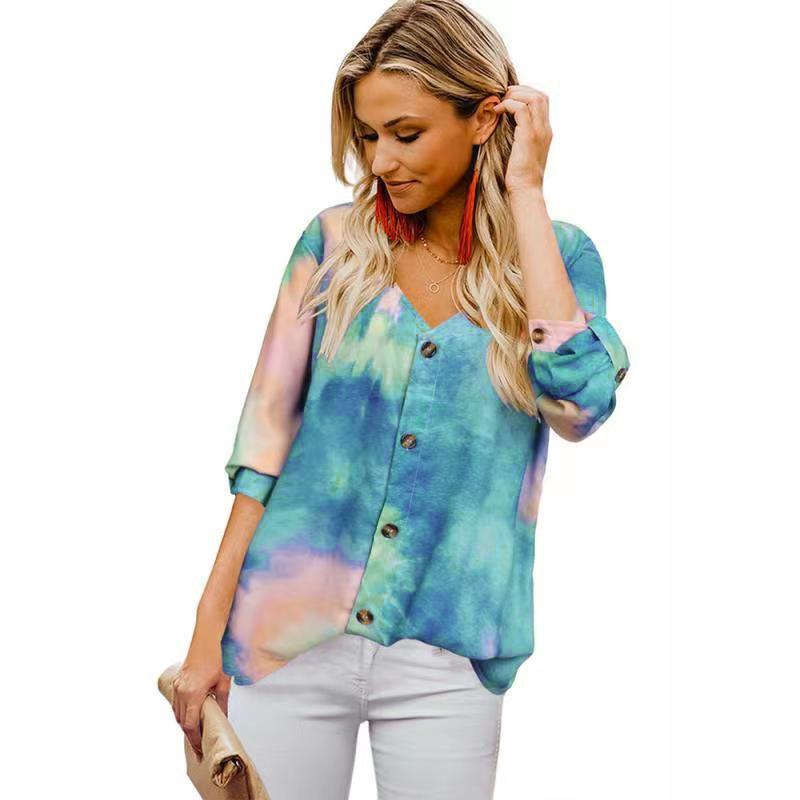 Women's Fashion Plus Size Autumn Tie Dye Button Loose Tops T Shirts Long Sleeve V Neck Casual Blouses
