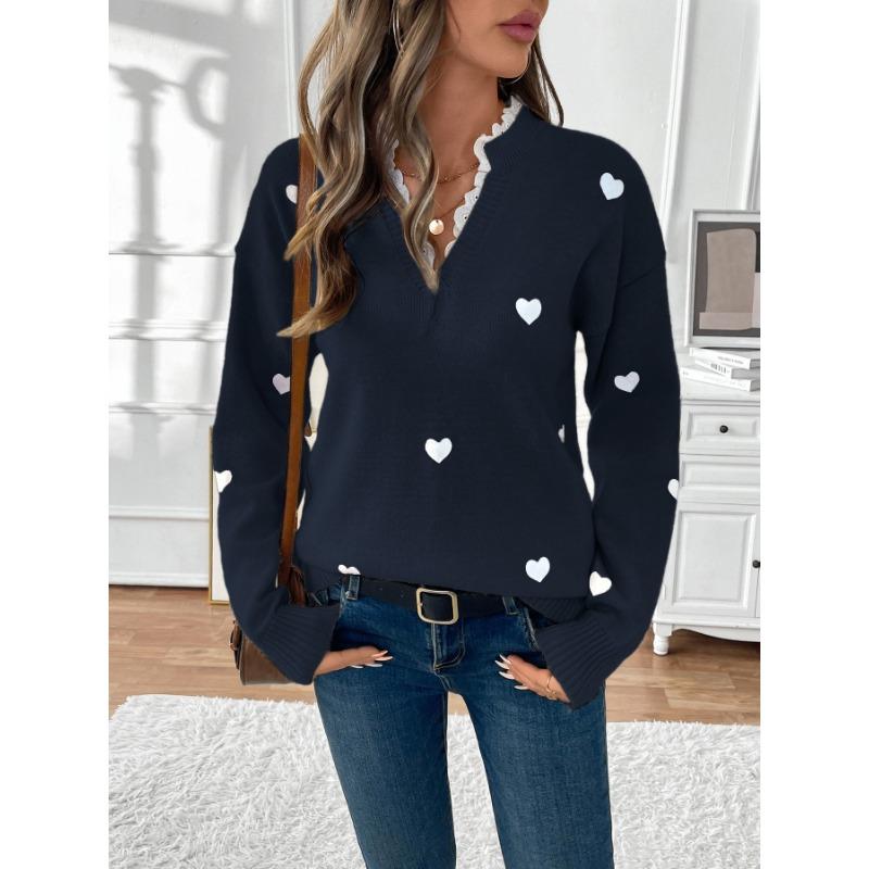 Women V Neck Heart Pattern Pullover Knit Sweater Autumn Casual