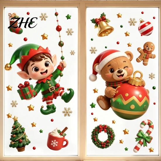No Glue Window Decorations 2PCS Christmas Static Sticker, Cute Cartoon Elves And Bears Home Commercial Decor Print, PVC Glass Stickers for Holiday