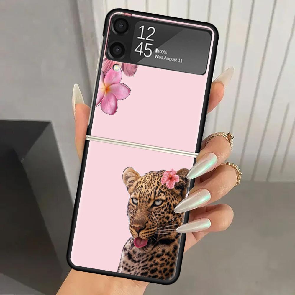 Pink Leopard Print Hard PC Phone Case For Samsung Galaxy Z Flip 7 6 5 4 3 Black ZFlip7 ZFlip6 Flip5 Flip4 Flip3 5G Print Cover
