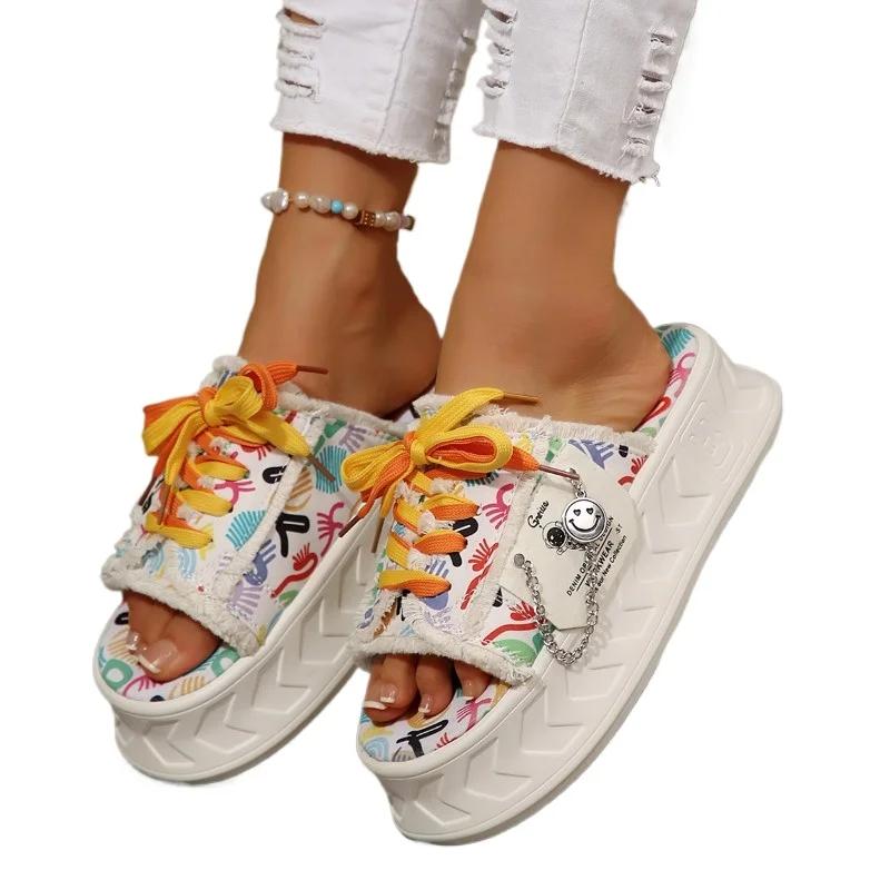 New Plus Size Platform Slippers 2024 Hot Ladies Shoes Peep Toe Women's Slippers Fashion Round Toe Lacing Casual Slippers Women