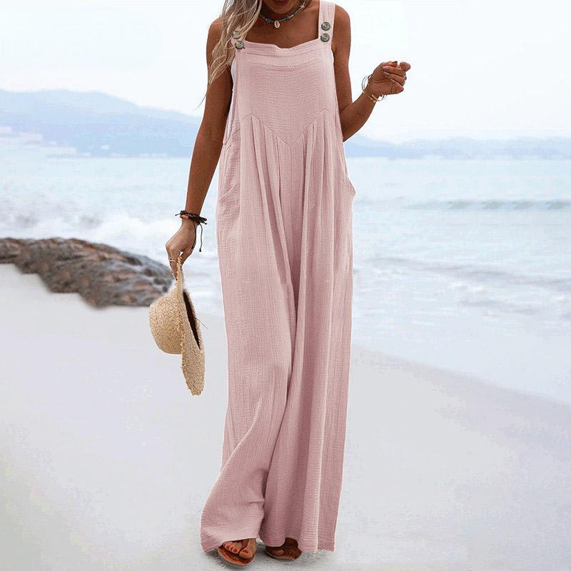

Летний женский длинный комбинезон на тонких бретельках, широкие брюки, подтяжки и карманы, повседневные свободные однотонные комбинезоны больших размеров, макси-комбинезоны