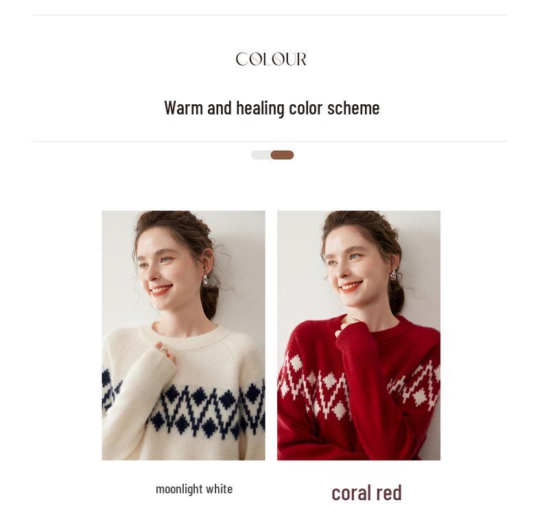 Women's Round Neck Thick Jacquard Cashmere Sweater - Loose Red Fashion Knit for Autumn/Winter