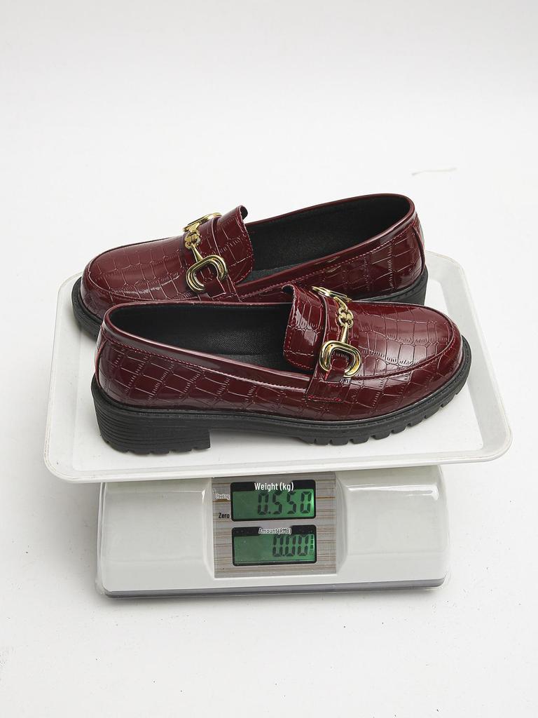 Women's British Style Chunky Heel Leather Loafers with Round Toe and Metal Buckle – Versatile, Thick Sole, Large Sizes