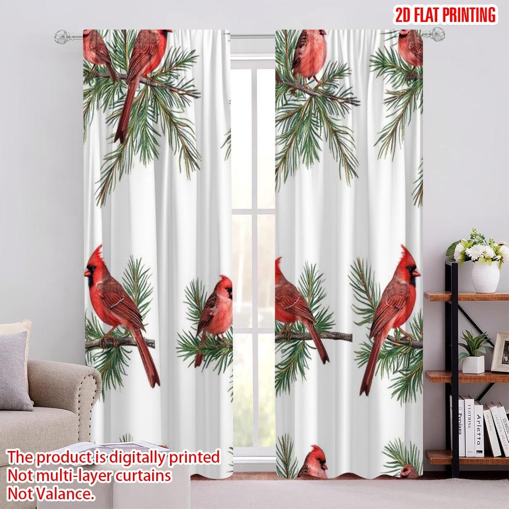 

Flat Printing Merry Christmas Window Drapes Red Bird Polyester Without Electricity Party Decorations Use Curtain Set Of 2 Made Washable W100*H70(CM)-Rod Pocket&2PCS