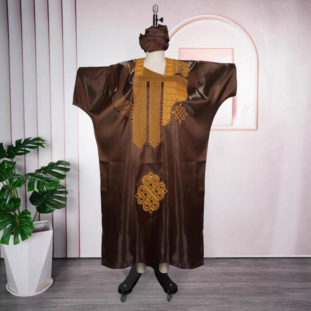 Plus Size Women's Fashion Satin Square Neck Embroidered Loose Long Robe Dress