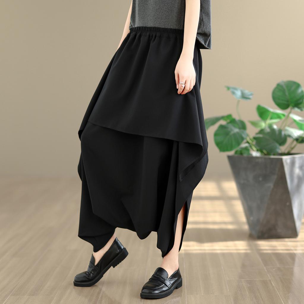 DIMANAF 2026 Summer Beach Plus Size Solid Black Long Pants Women Elastic Waist Loose Vintage Casual Trousers Skirt Pants Bottoms