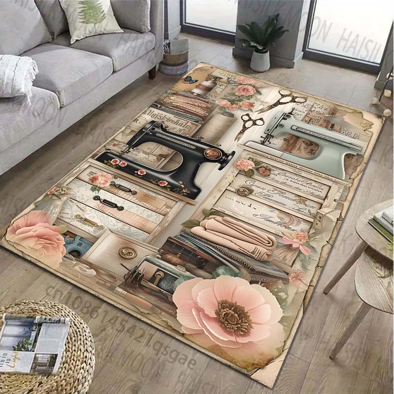 Retro Sewing Machine Patter Carpet for Living Room Bedroom Bedside Bathroom Floor Mat Area Rug Sofa Home Decor for Gifts