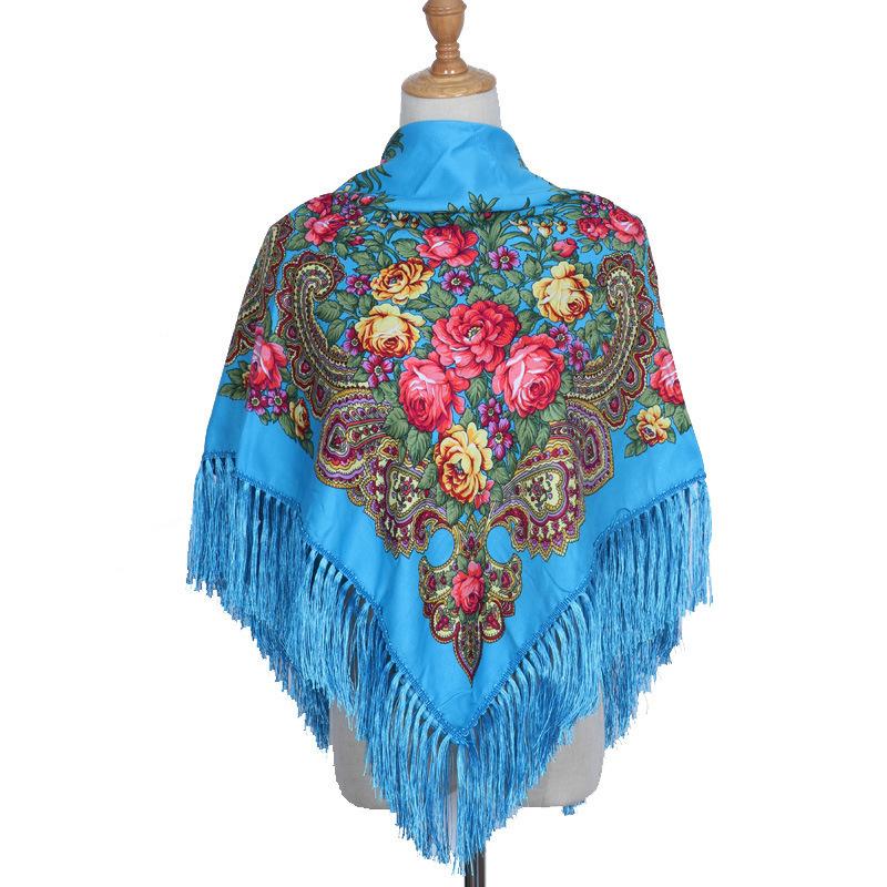 90*90Cm Ethnic Style Headscarf Square Scarves For Women Retro Peony Flower Print Fringed Shawl Handkerchief Cotton Head Wraps