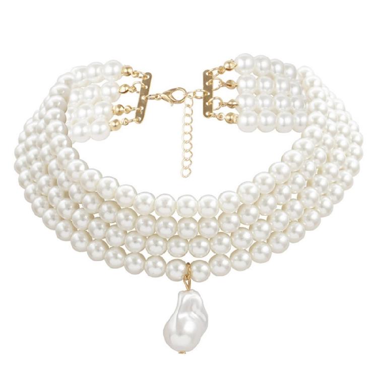 Simulated Pearl Necklaces Statement Bridal Choker Multi-Layer Pearl Necklace