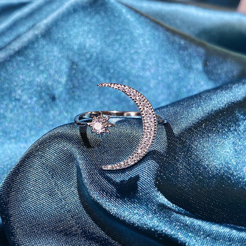 Anel Aberto Lua Crescente e Estrela em Prata de Lei S925 - Estilo Étnico