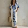 European and American Style V-neck Embroidered Long Dress Women's Summer Vacation Style Loose Beach Dress Blue Flower Pattern Split Fork