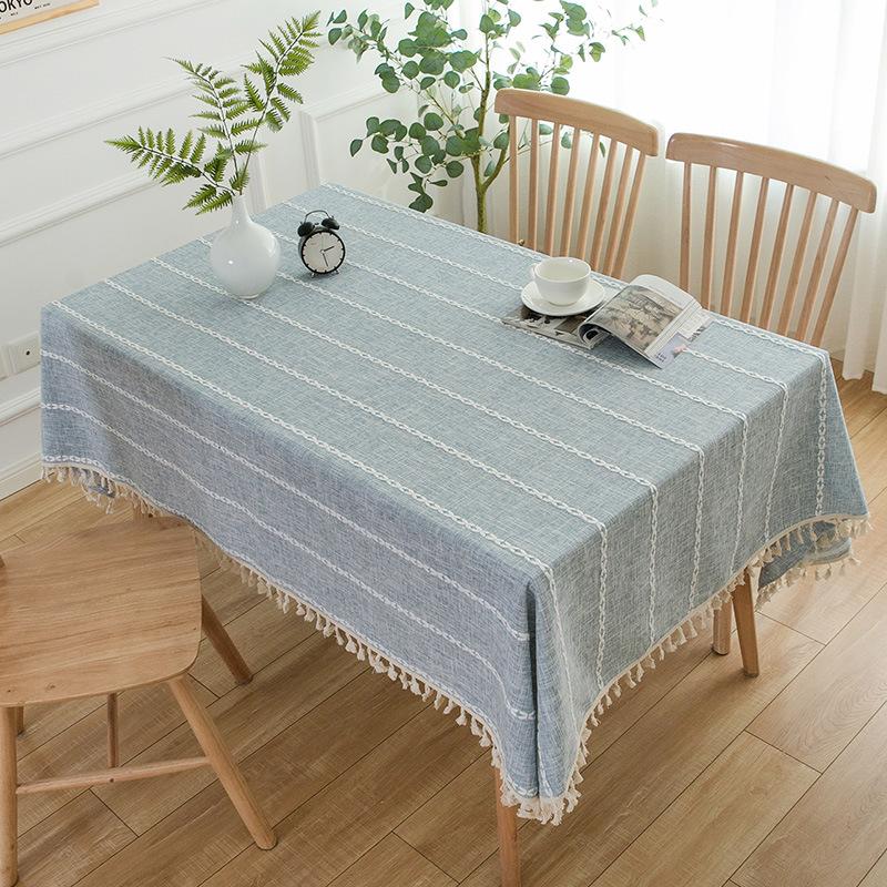 Rustic Embroidery Table Cloth, Cotton Linen Stripe Tassel Tablecloth Antifouling Dust Proof Table Cover For Kitchen Dining Decor