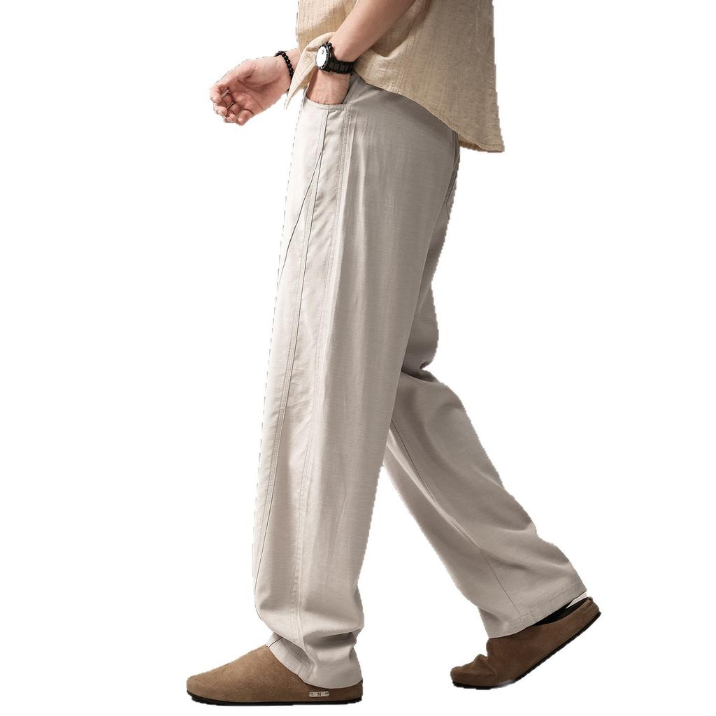 High-end old money Fengtencel linen drape casual pants men's summer thin splicing loose straight wide-leg pants