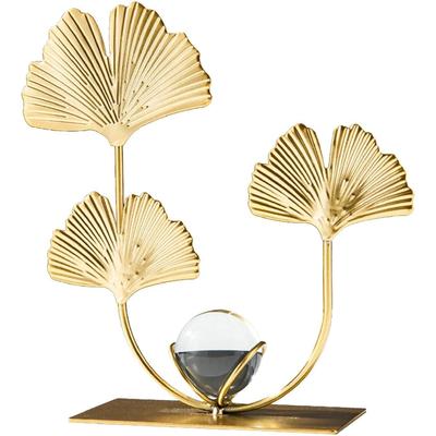 Modern Ginkgo Leaves Statues with Crystal Ball Metal Gold Crafts Sculpture Desktop Ornaments Home Office Figurine Accent Decor (Ginkgo Leaf)