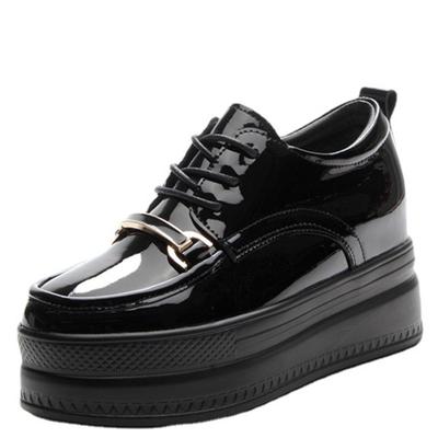 Women Genuine Leather Pumps Platform Wedge High Heels Round Toe Loafers Lace Up Punk Style Spring Autumn Shoes Black