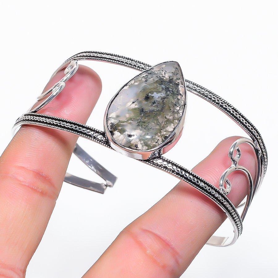Natural Indian Moss Agate Gemstone 925 Sterling Silver Cuff Bangle Adj B6B51