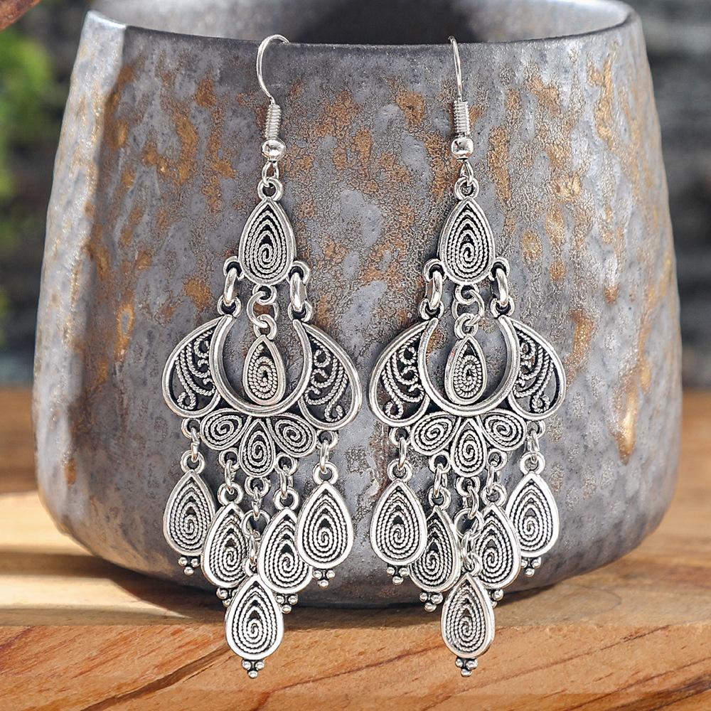 Ethnic Vintage Silver Color Temperament Drop Earrings for Women Creative Geometric Tassel Earrings Female Vacation Jewelry