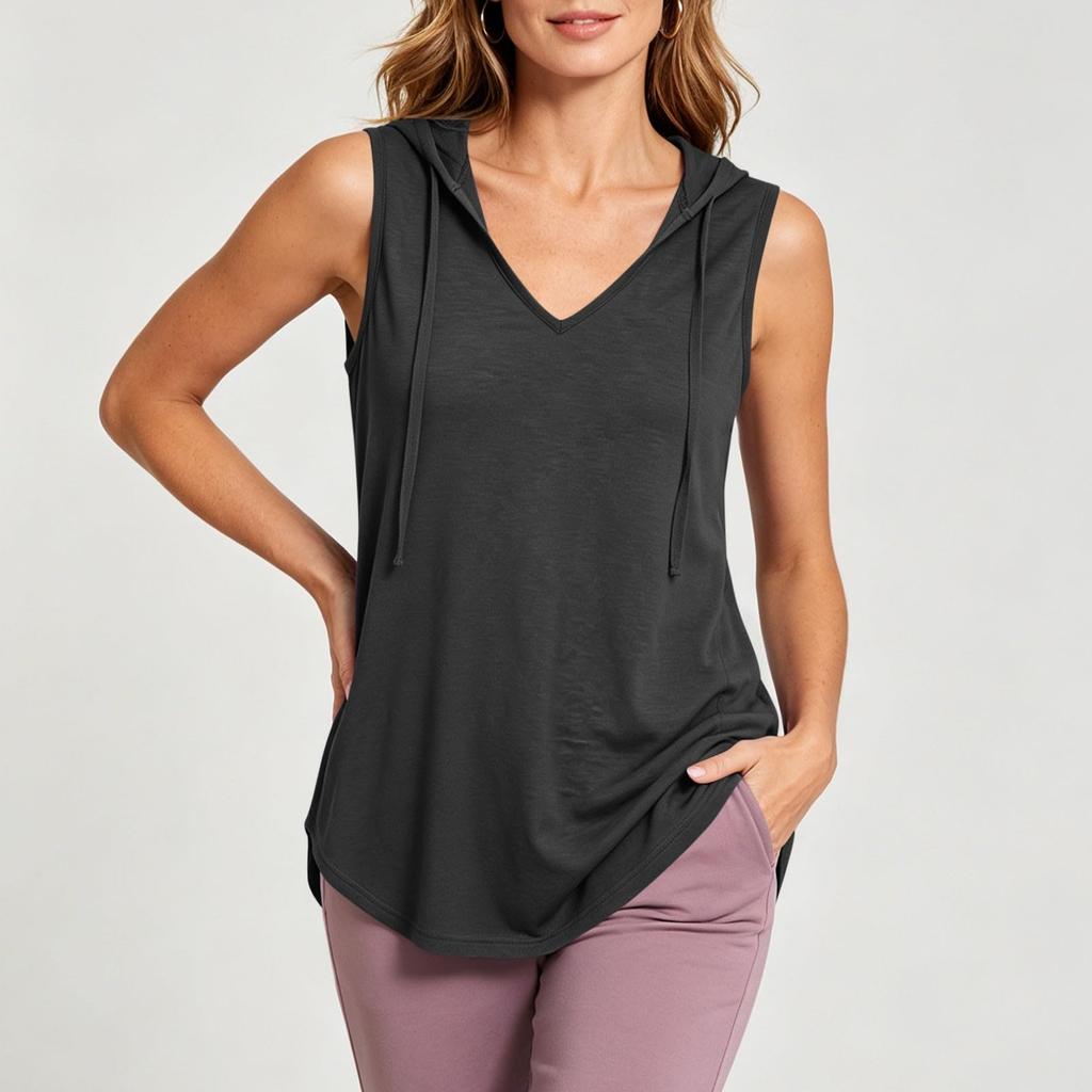 Womens Sleeveless Hoodie Top V Neck Casual Lightweight Pullover Tank Shirt Summer Fashion Soft Fabric
