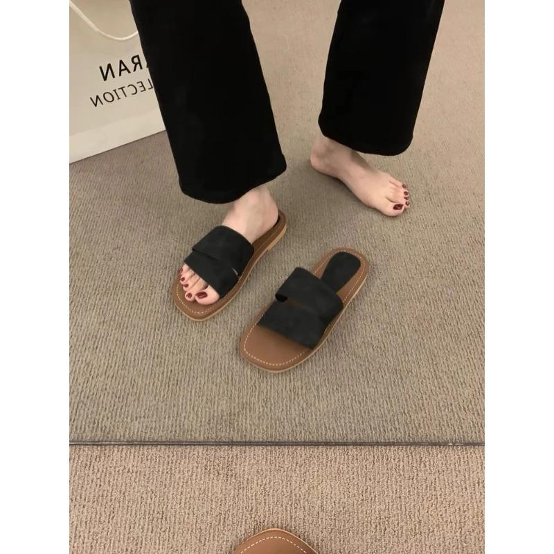 

2025 Новые летние ретро-тапочки с квадратным носком и открытым носком на плоской подошве для женщин, летние сандалии для пляжного отдыха на море в сказочном стиле 39 чёрный