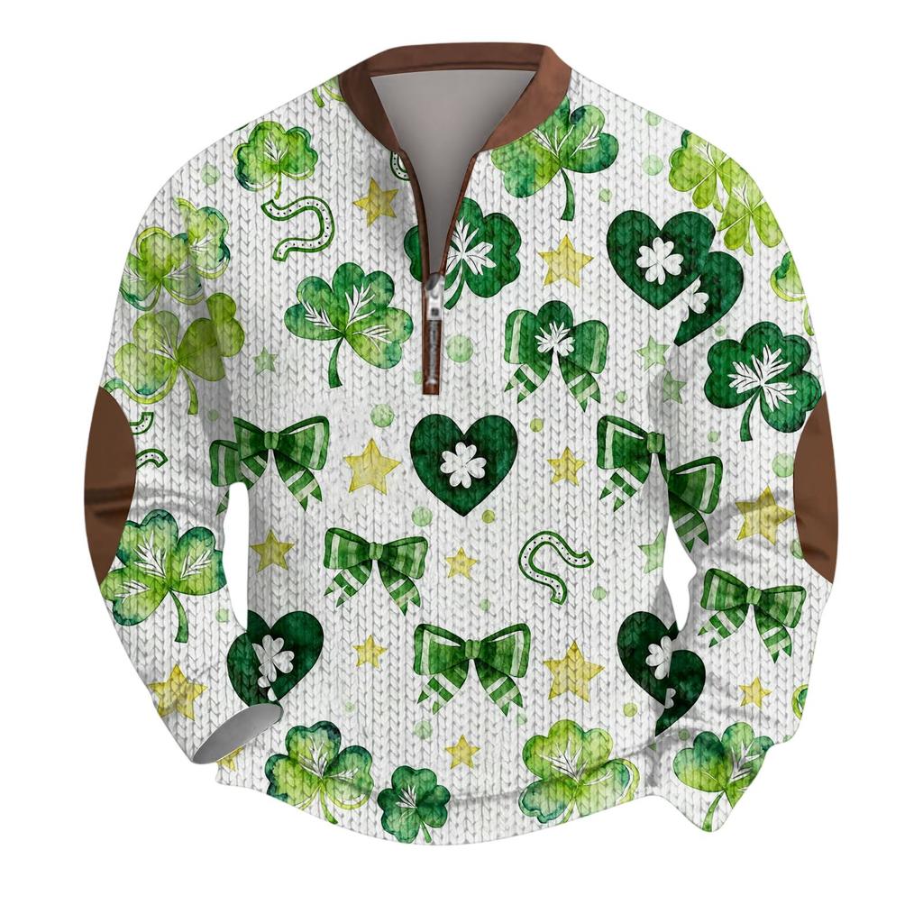 Mens Christmas Sweater Zip Up Sweatshirts Vintage Knit Graphic Sweatshirt St. Patrick's Day Stand Collar Pullover