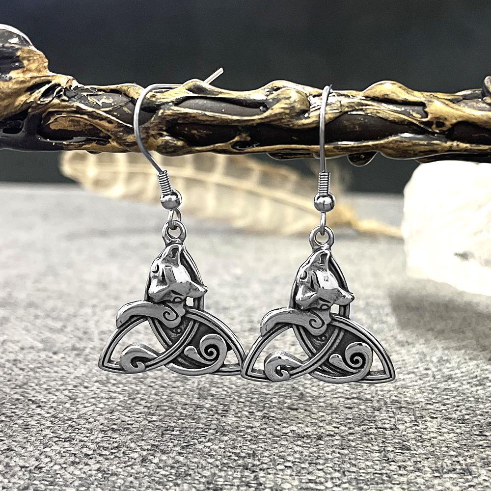 Nordic Runes Triquetra Fox Drop Earrings Women Retro Stainless Steel Female Amulet Vikings Trinity Ear Pendant Icelandic Jewelry