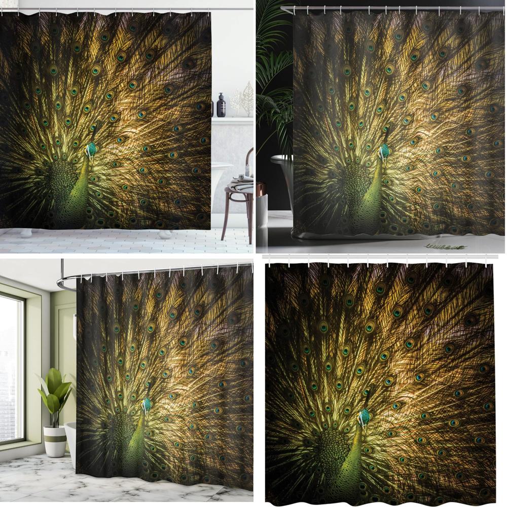 majestic male peacock shower curtain, dark hued feather art, modern print, fabric bathroom decor