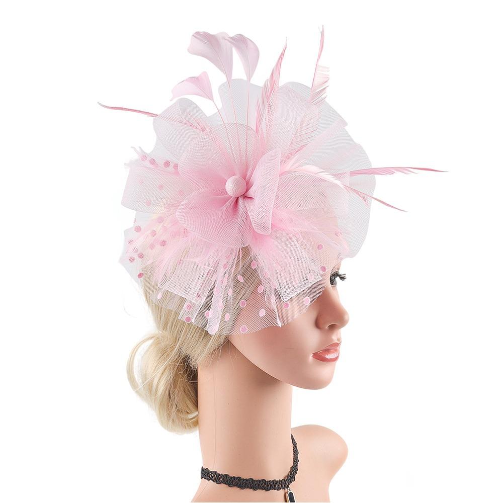 

New Flower Mesh Fascinators Hat with Hair Clip 1920s Derby Hat Feathers Bridal Wedding Headpiece Women розовый