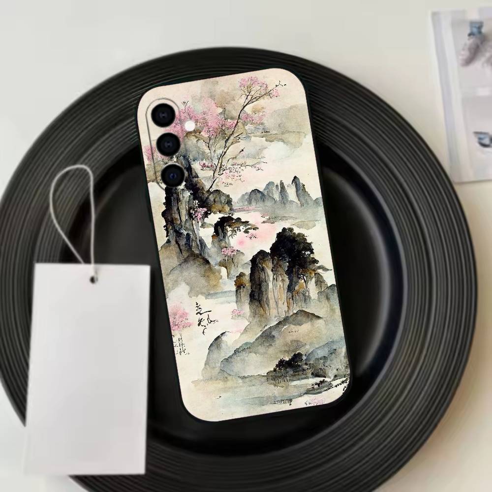 Chinese l-landscape Phone Case Black Silicone Soft For Samsung Galaxy A73,A72,A71,A70,A53,A52,A51