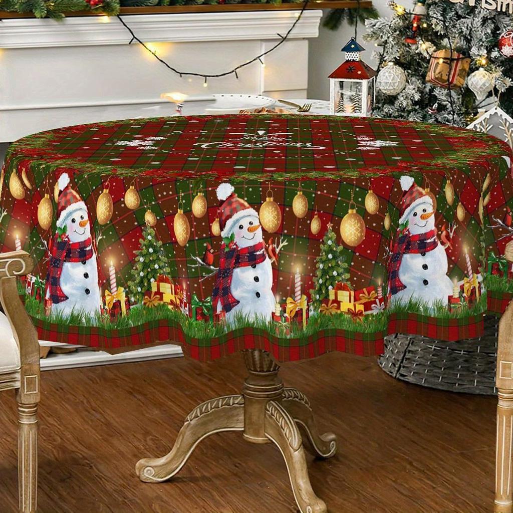 Round Christmas Tablecloth Santa Nutcracker Snowman Print Holiday Dining Table Cover Dustproof Home Decoration 150cm