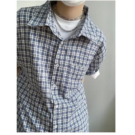Letní Nová Kostkovaná Košile Pánský Styl Retro Americká Košile s Krátkým Rukávem Japonská Košilová Bunda